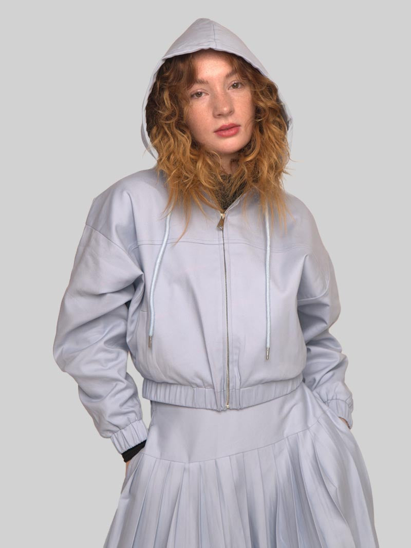 Women’s Modest Dolman Sleeve Hoodie Jacket with Welt Pockets – Soft Blue
