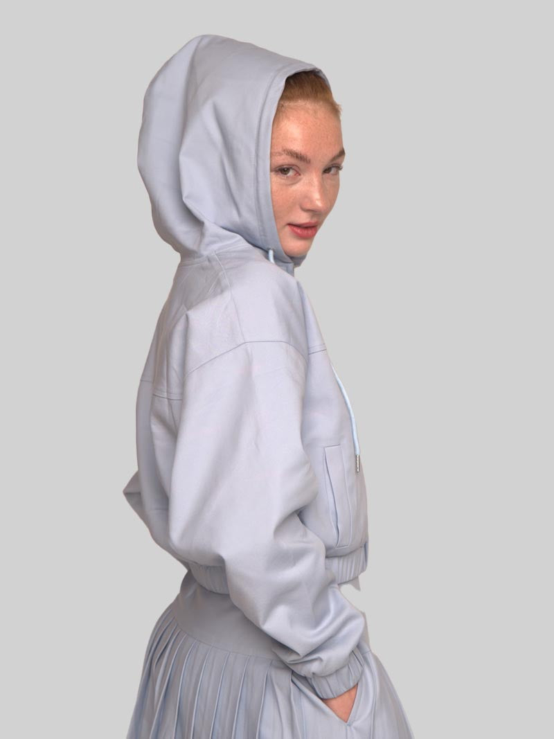 Women’s Modest Dolman Sleeve Hoodie Jacket with Welt Pockets – Soft Blue